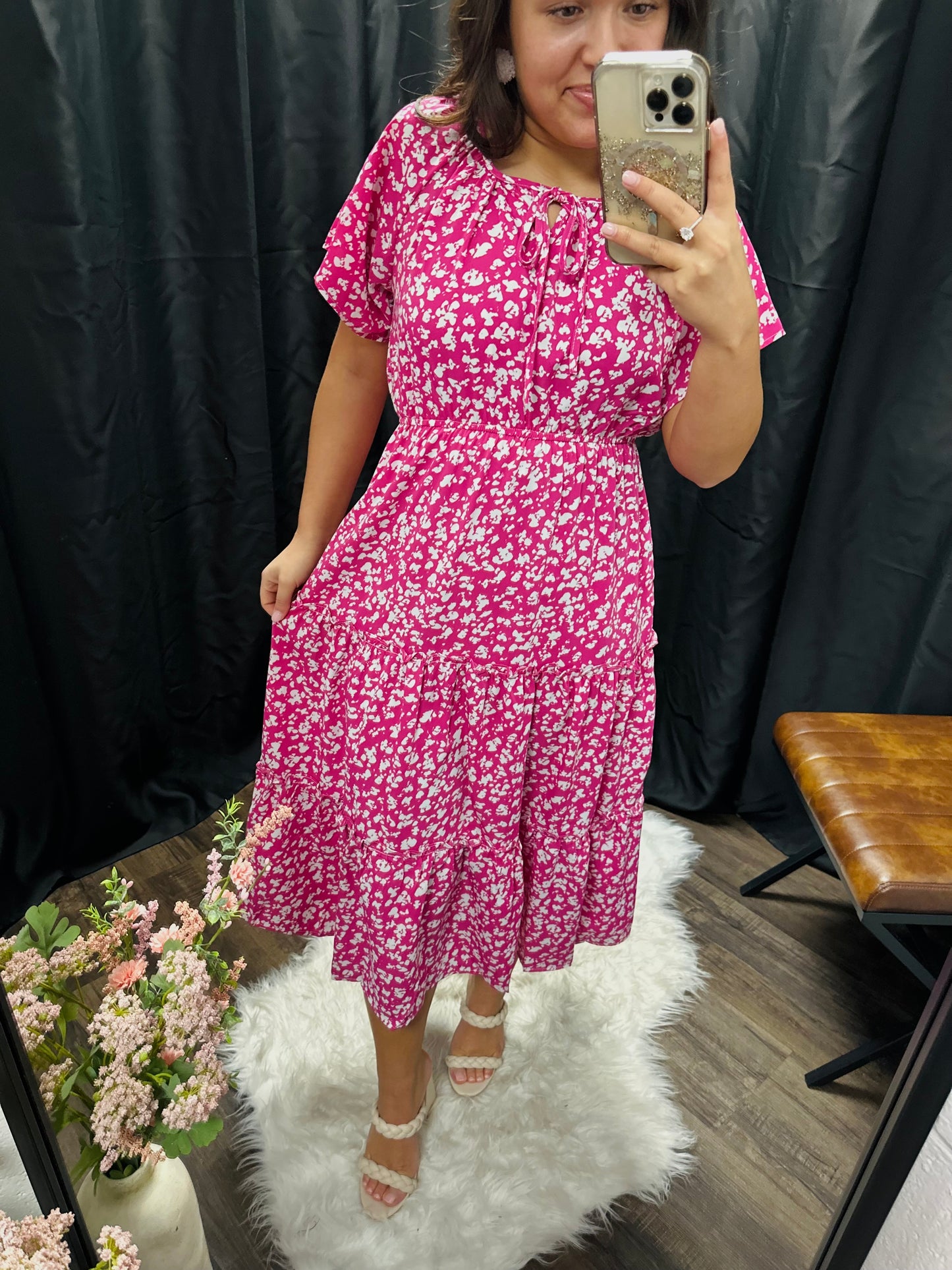 The Amelia Pink Floral Print Midi Dress