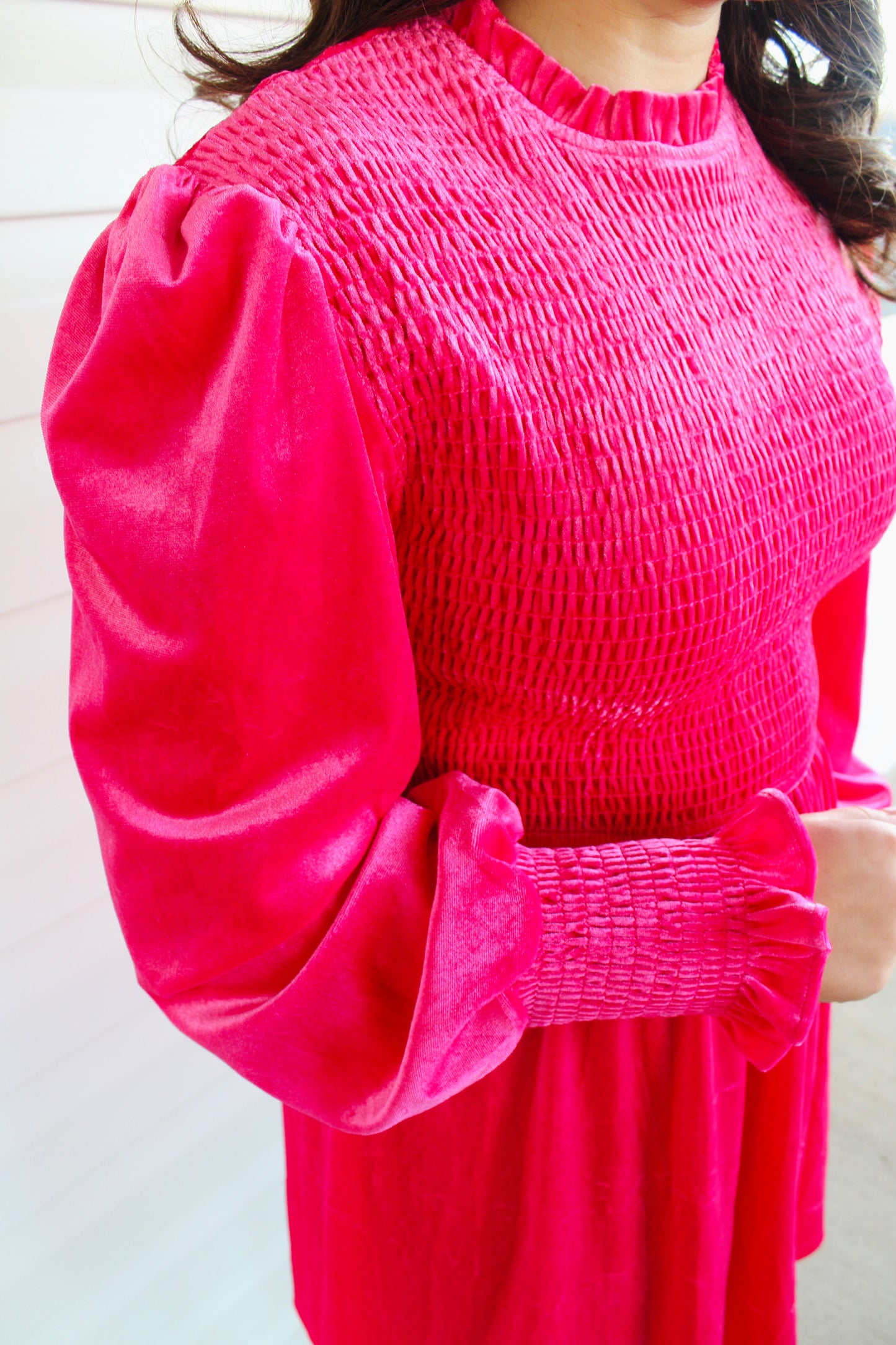 Pink Smocked Ruffled Velvet Dress