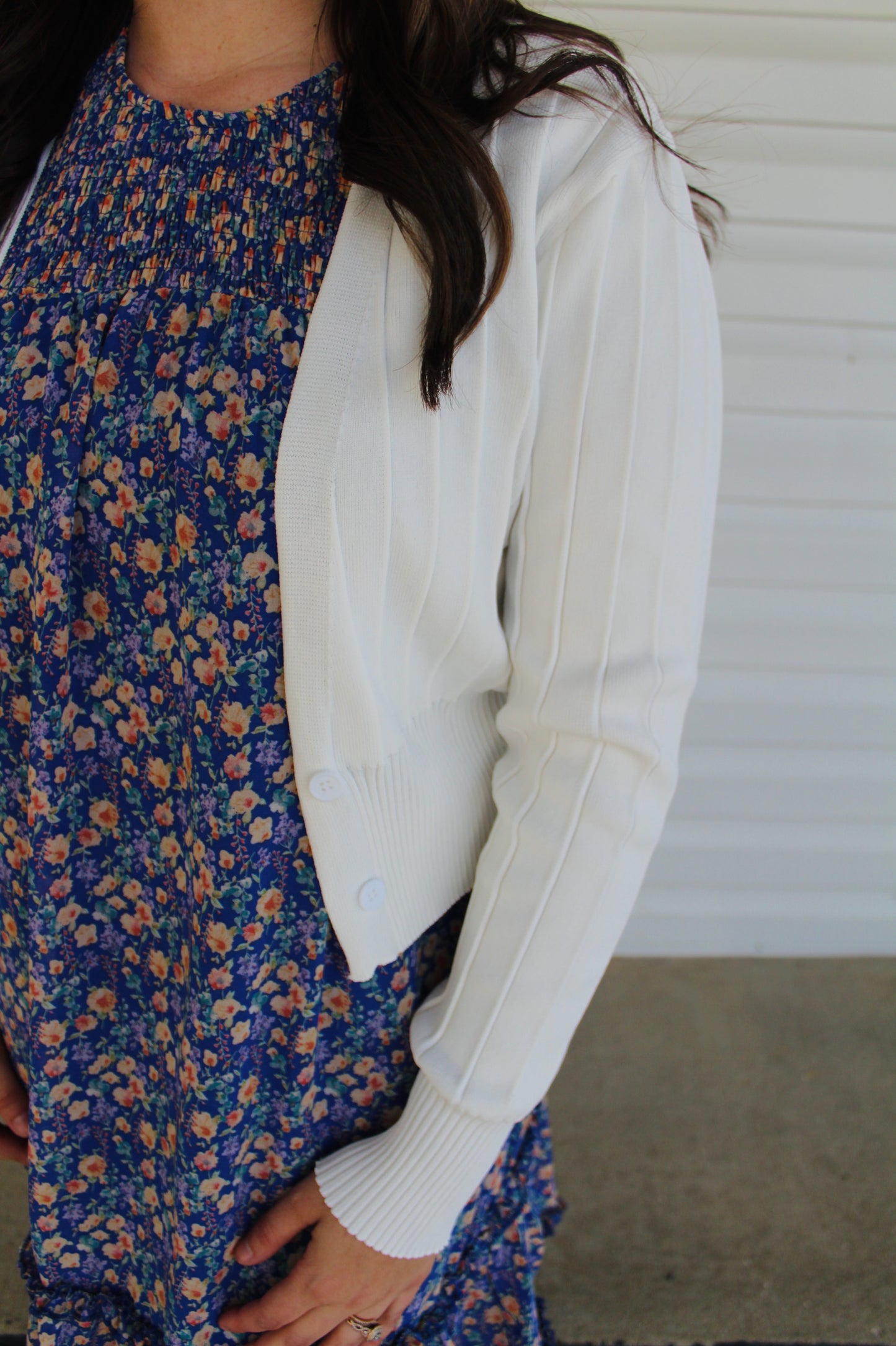 White Ribbed Button Cardigan