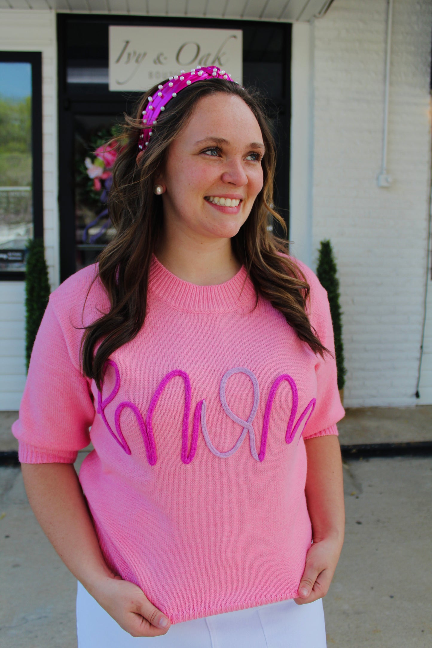 Pink Mom Tinsel Embroidered Sweater