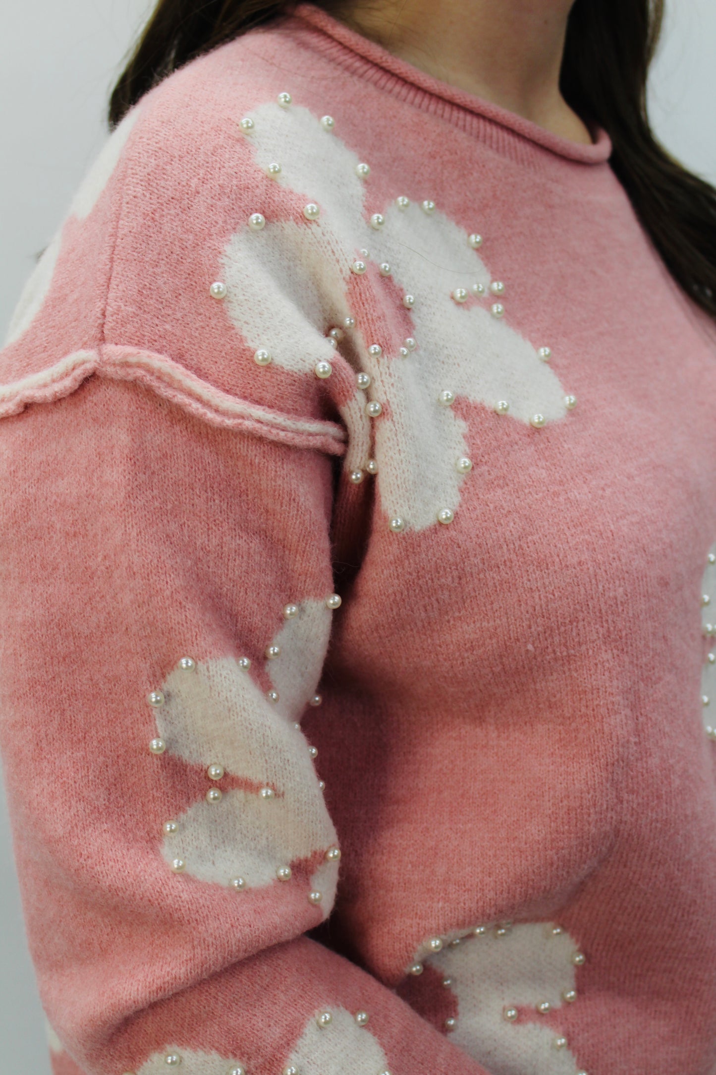 Blushing Pink Pearl Daisy Drop Shoulder Sweater