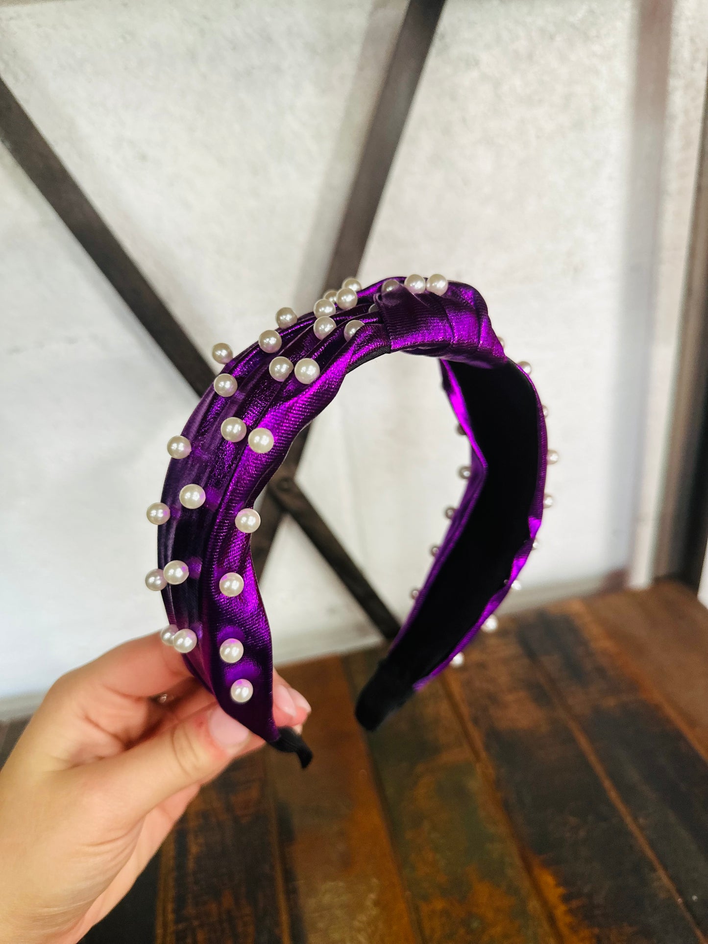 Purple Metallic Pearl Embellished Top Knot Headband