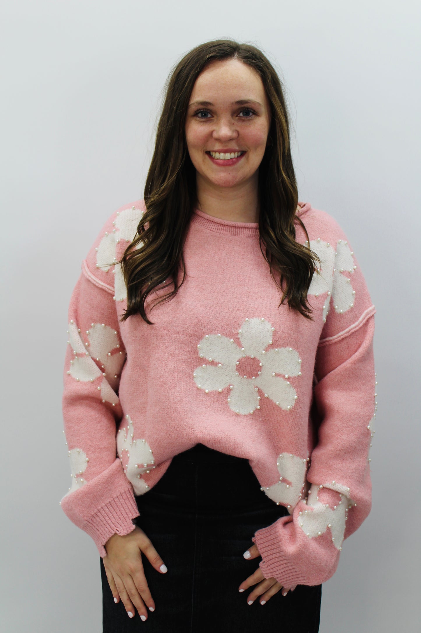 Blushing Pink Pearl Daisy Drop Shoulder Sweater