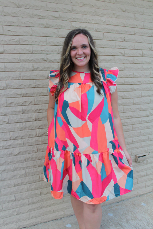 Pink Abstract Geometric Print Tiered Dress