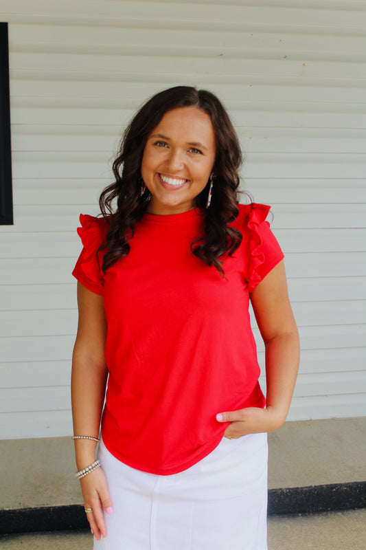 The Brooke Solid Red Ruffle Shoulder Top