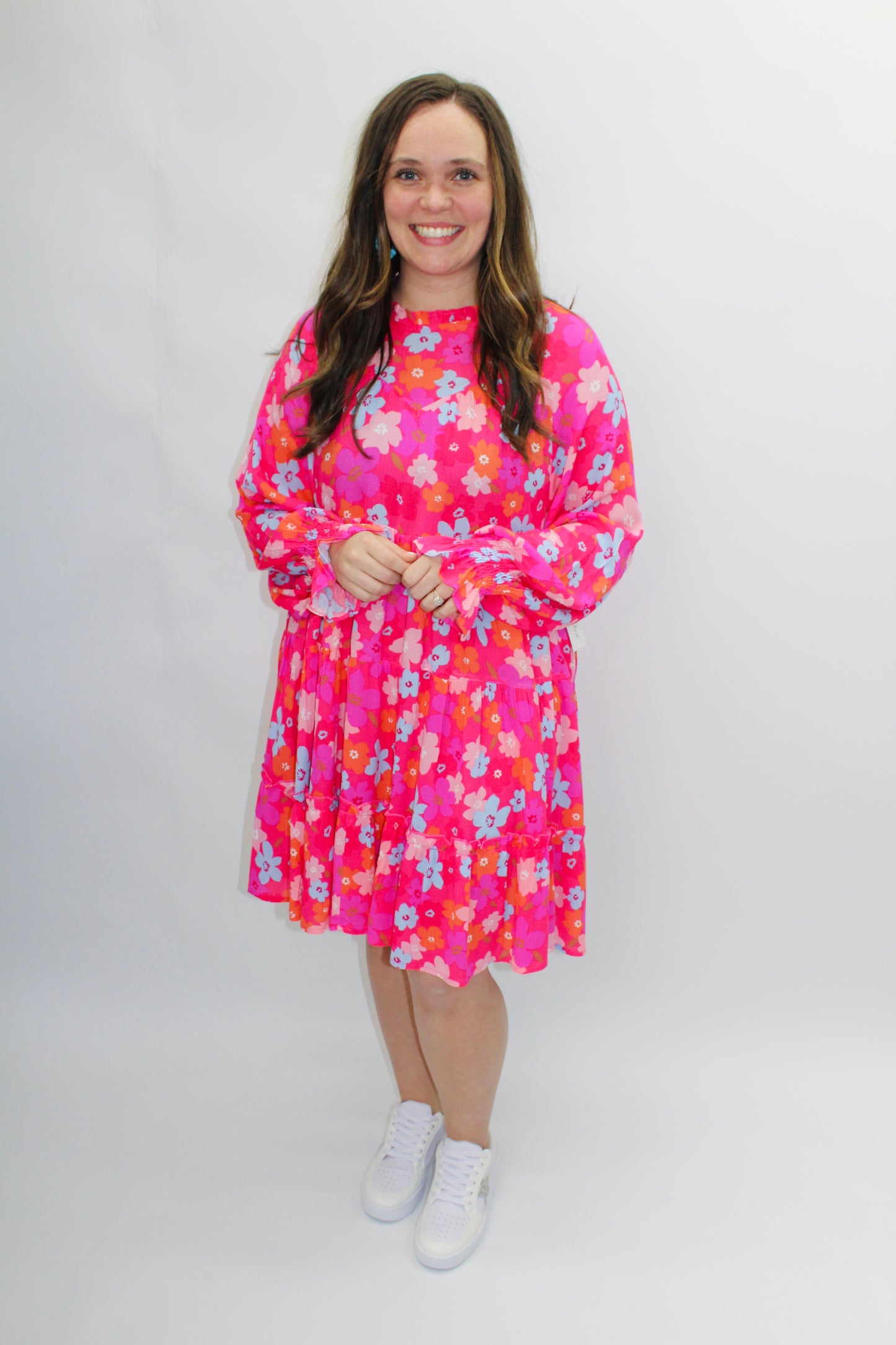 Hot Pink Floral Tiered Long Sleeve Dress