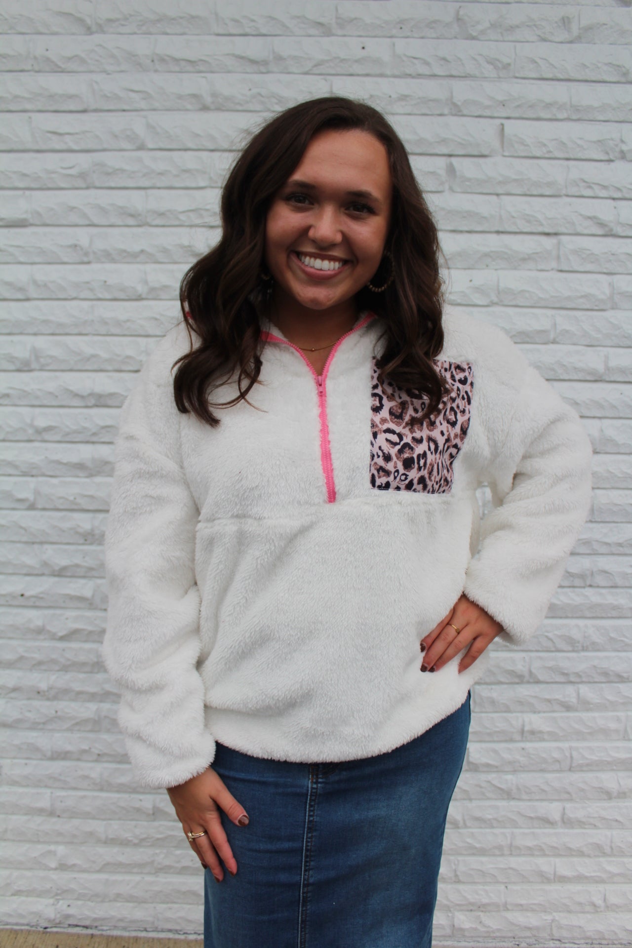 White Leopard Patch Fleece Pullover