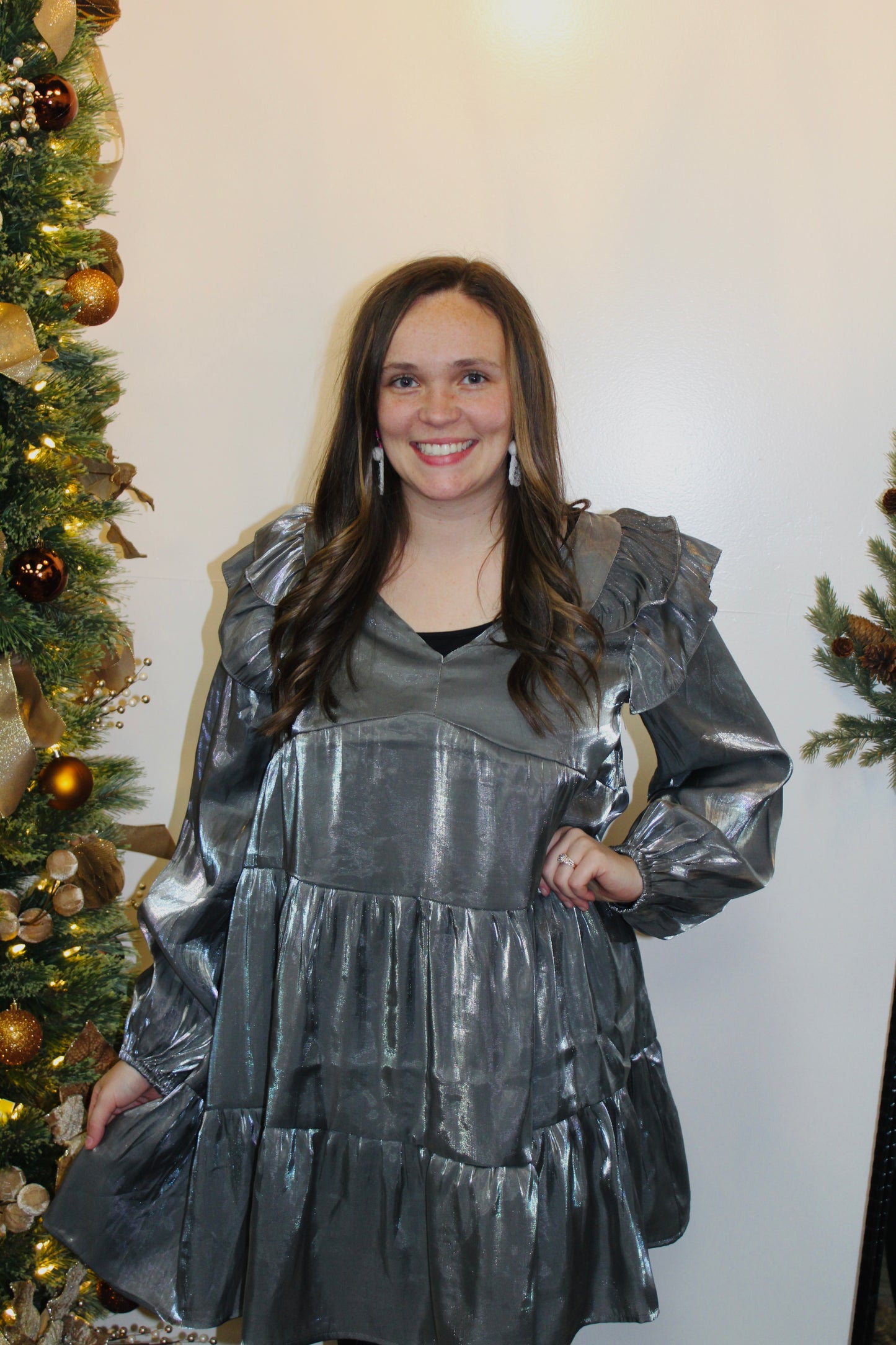 Gunmetal Silver Metallic Tiered Dress