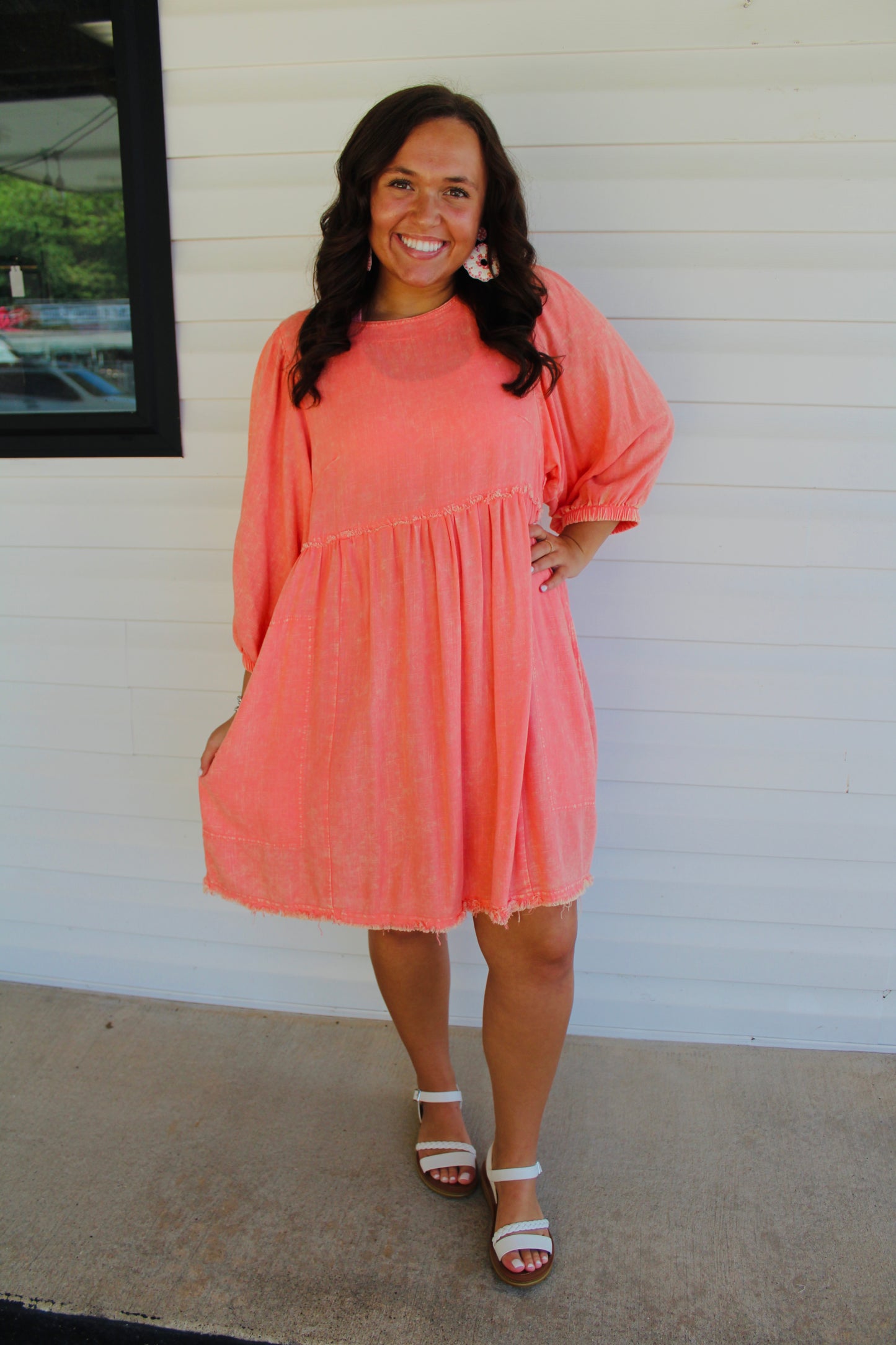 Coral Washed 3/4 Sleeve Dress