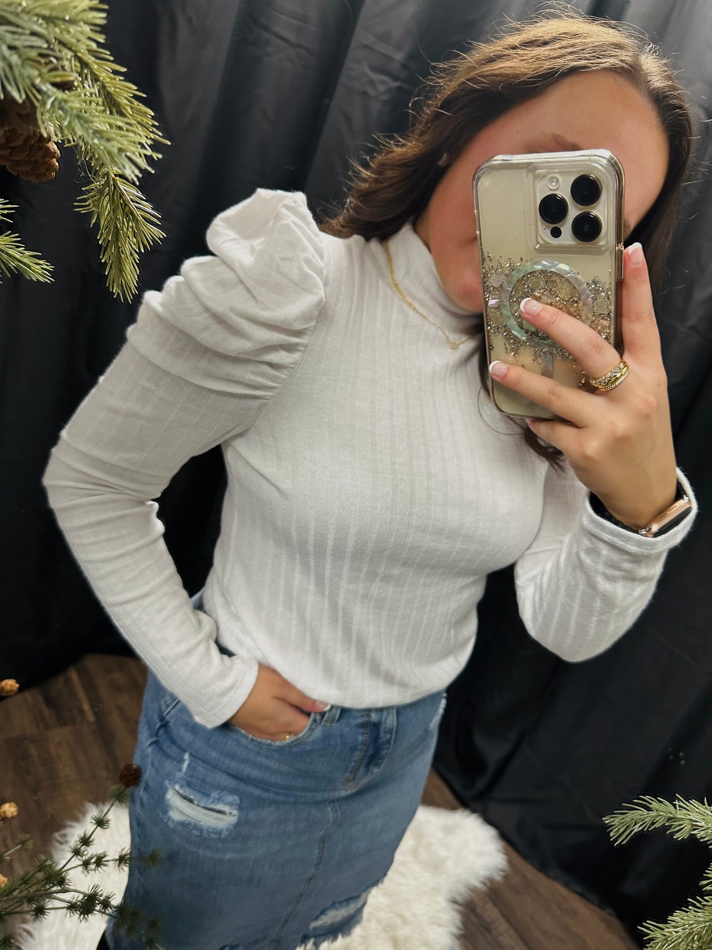 White Ribbed Puff Sleeve Top