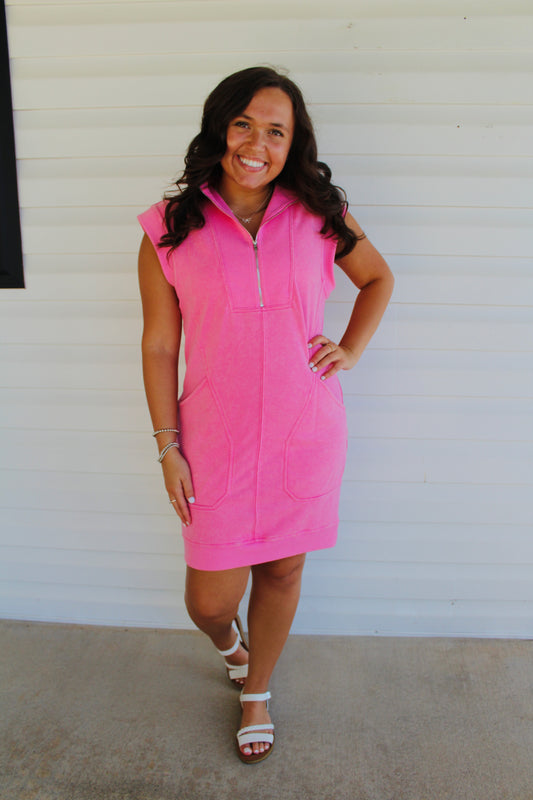 The Libby Pink Quarter Zip Cap Sleeve Pocket Dress