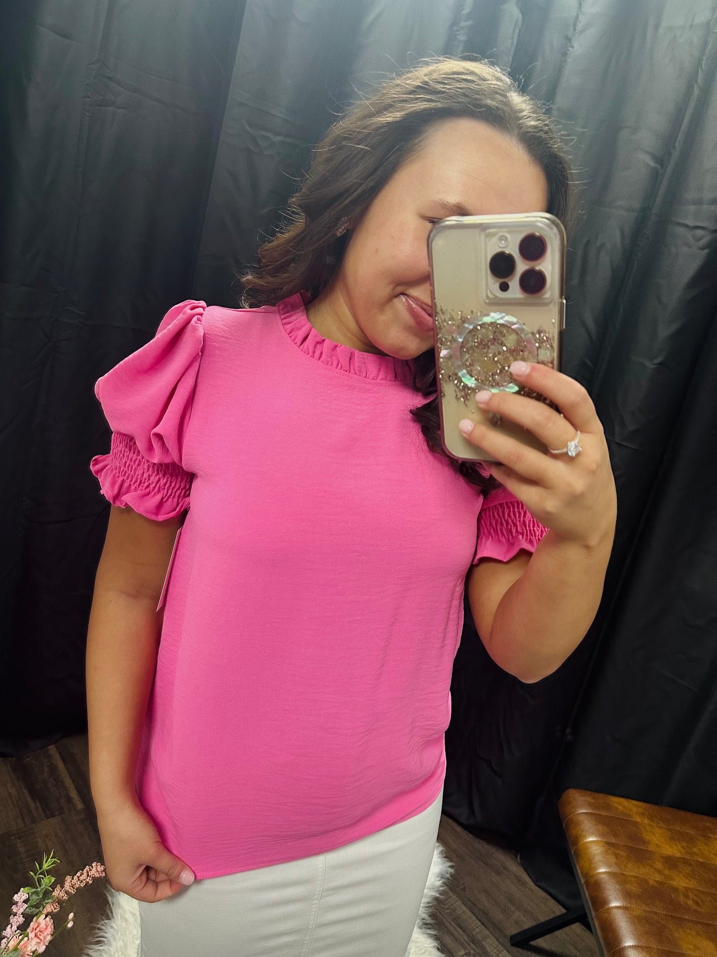 Solid Bubble Gum Pink Smocked Sleeve Top