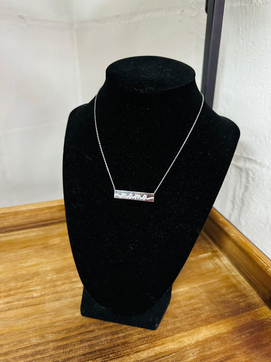 Silver Cubic Zirconia Mama Bar Pendant Necklace
