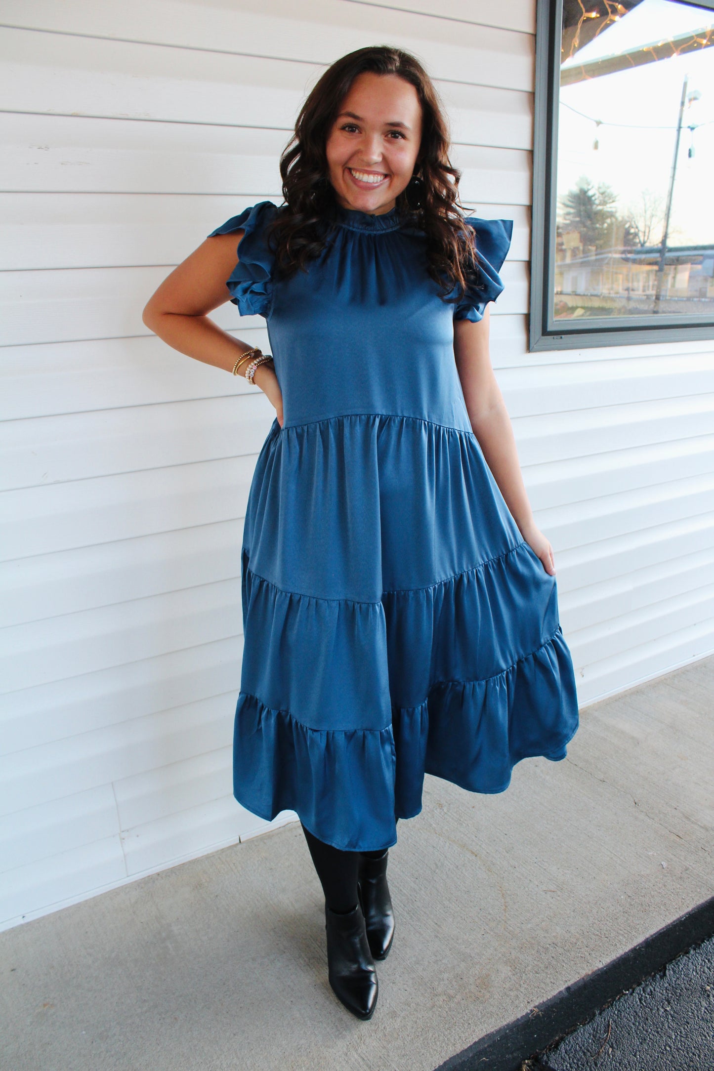 Vintage Blue Tiered Swing Midi Dress