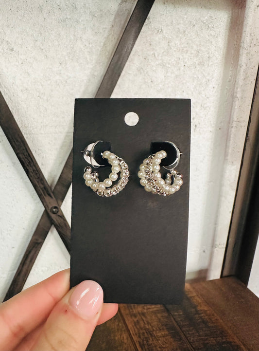 Silver Pearl & Rhinestone Mini Hoop Earrings