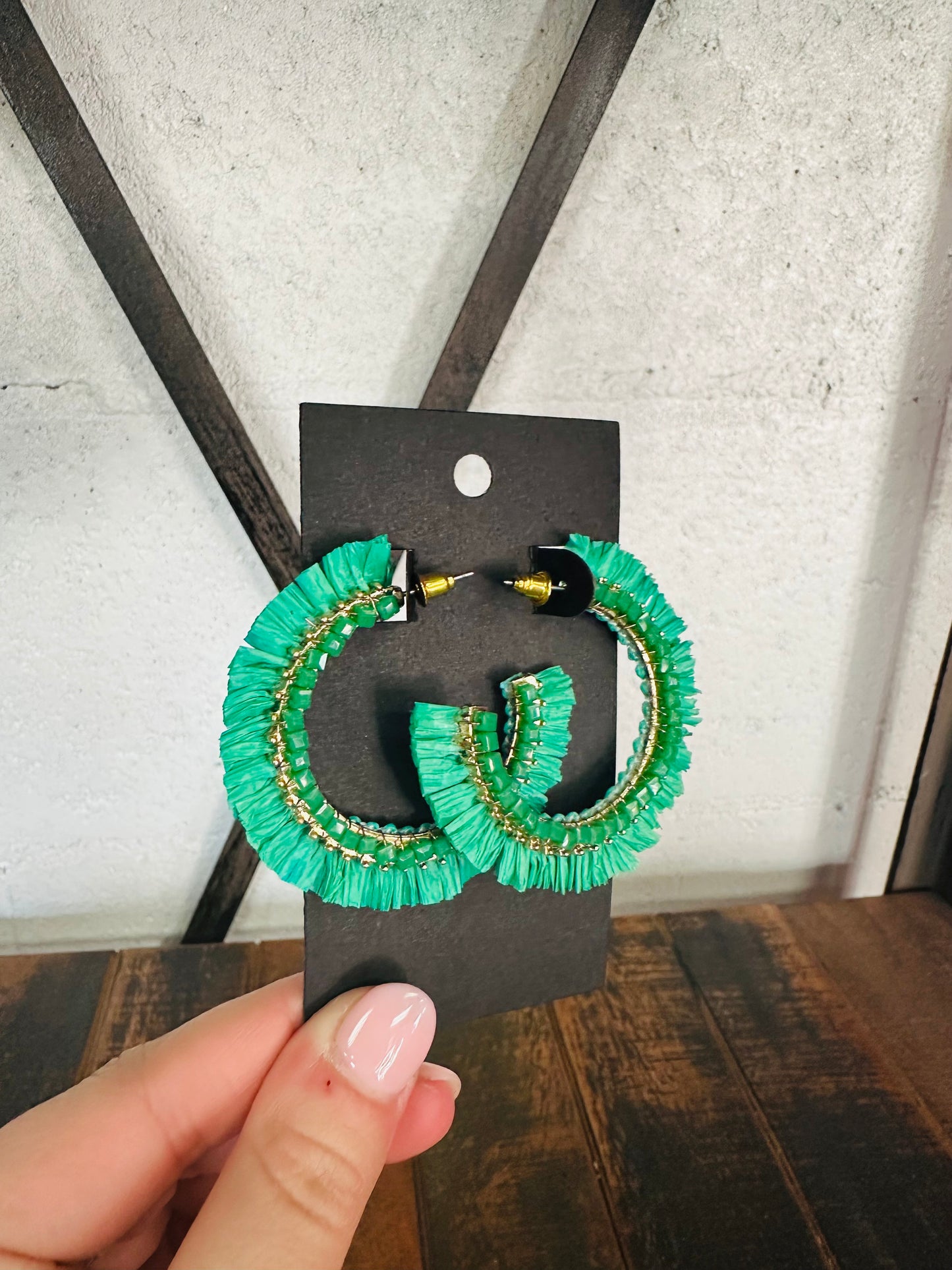 Green Beaded Raffia Hoop Earrings