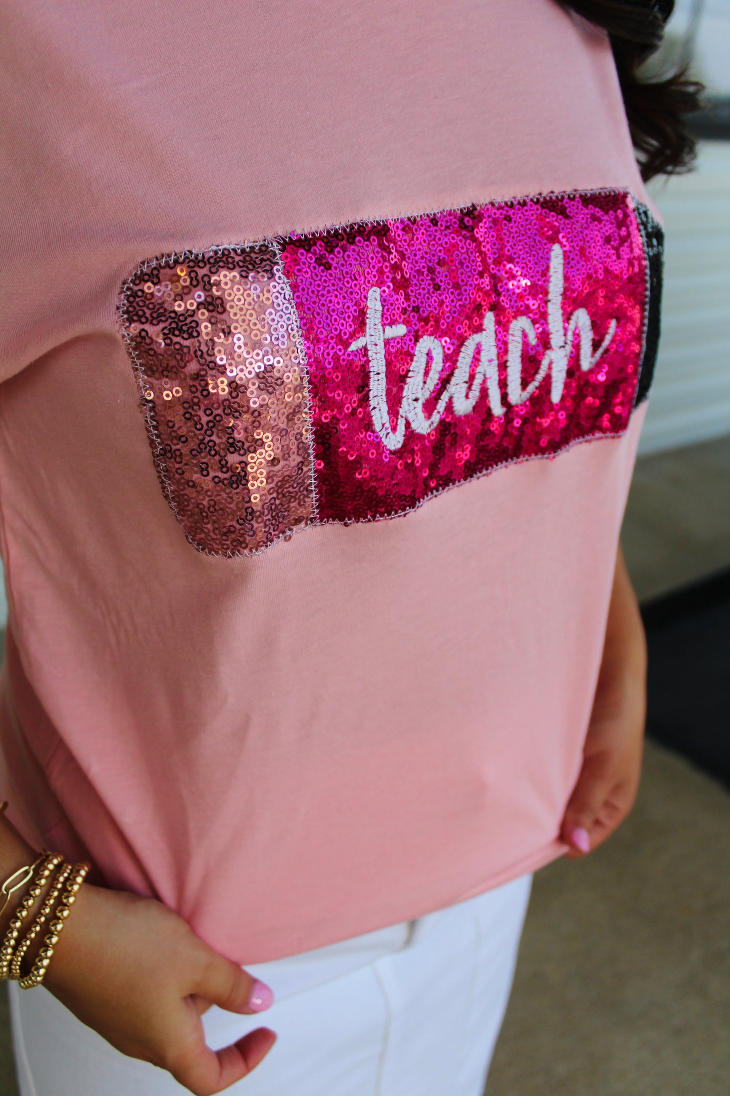 Pink Teach Embroidered Pencil Graphic Tee