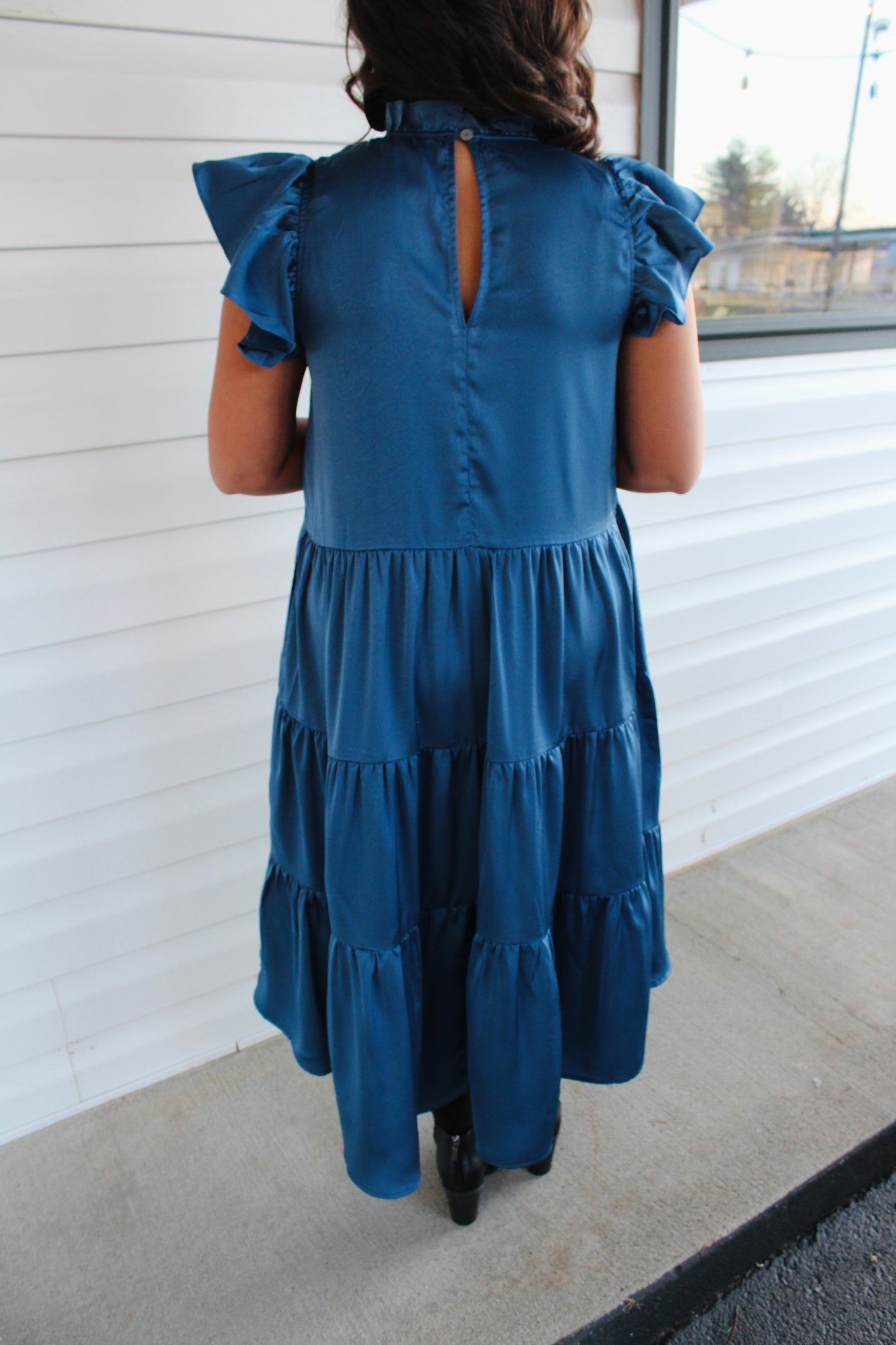 Vintage Blue Tiered Swing Midi Dress