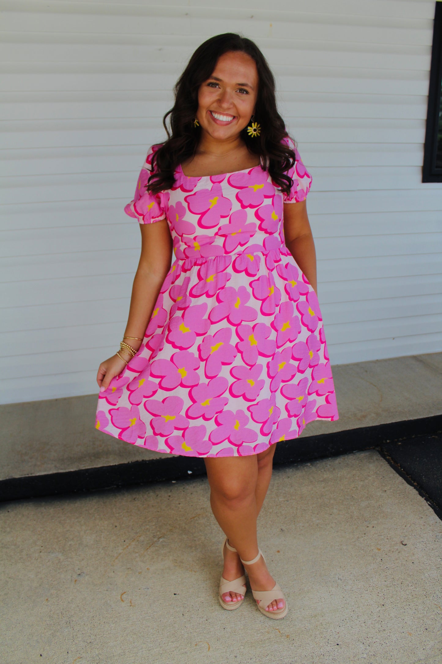 The Aubree Pink Floral Print Puff Sleeve Babydoll Dress