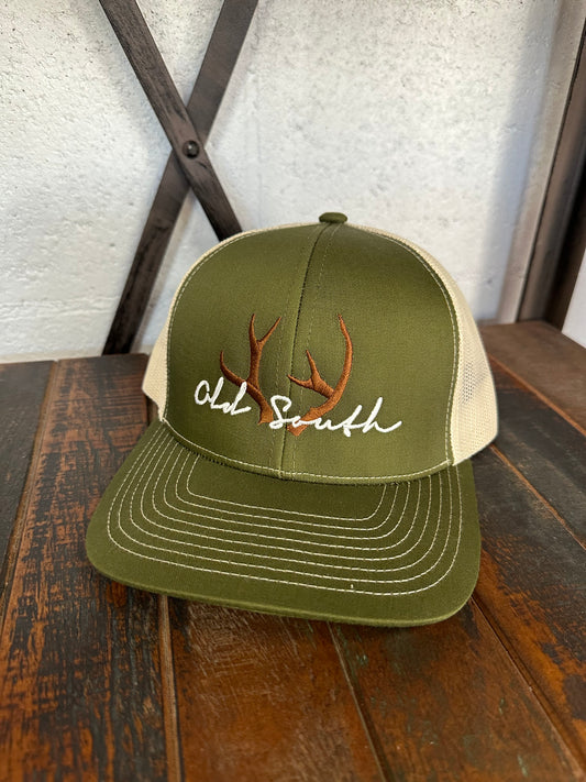 Racked Trucker Hat (Moss Green / Beige)