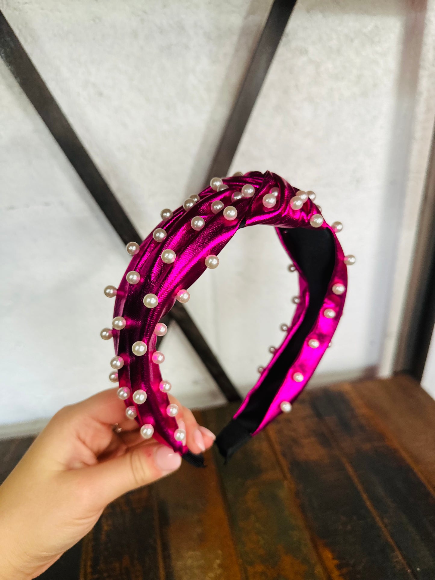 Fuchsia Metallic Pearl Embellished Top Knot Headband