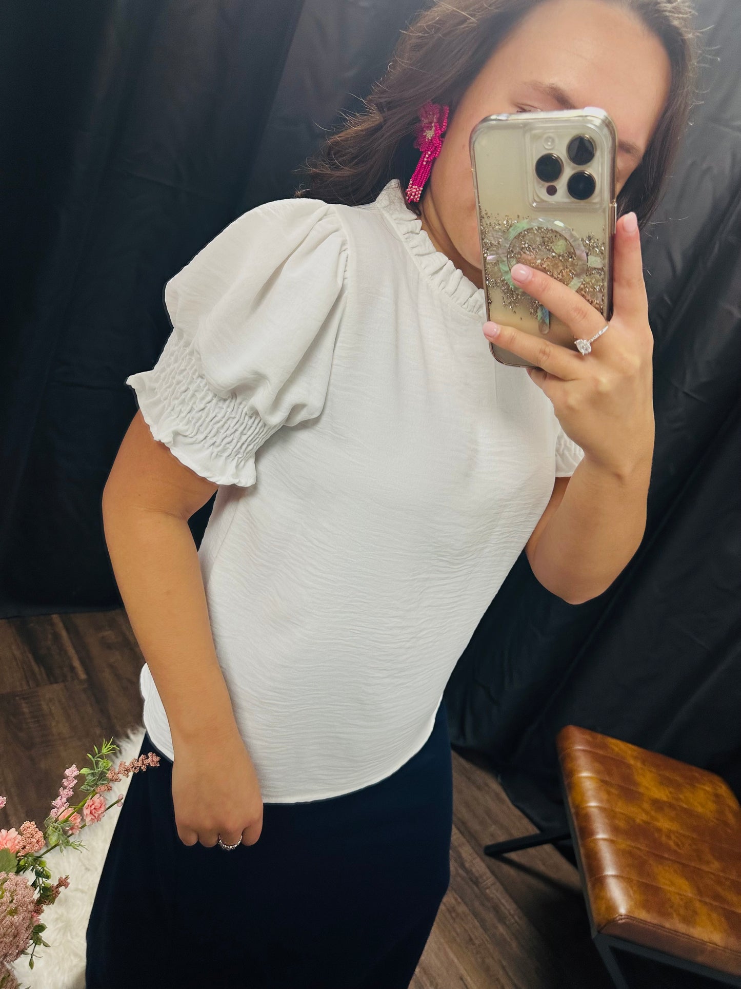 Solid White Smocked Sleeve Top
