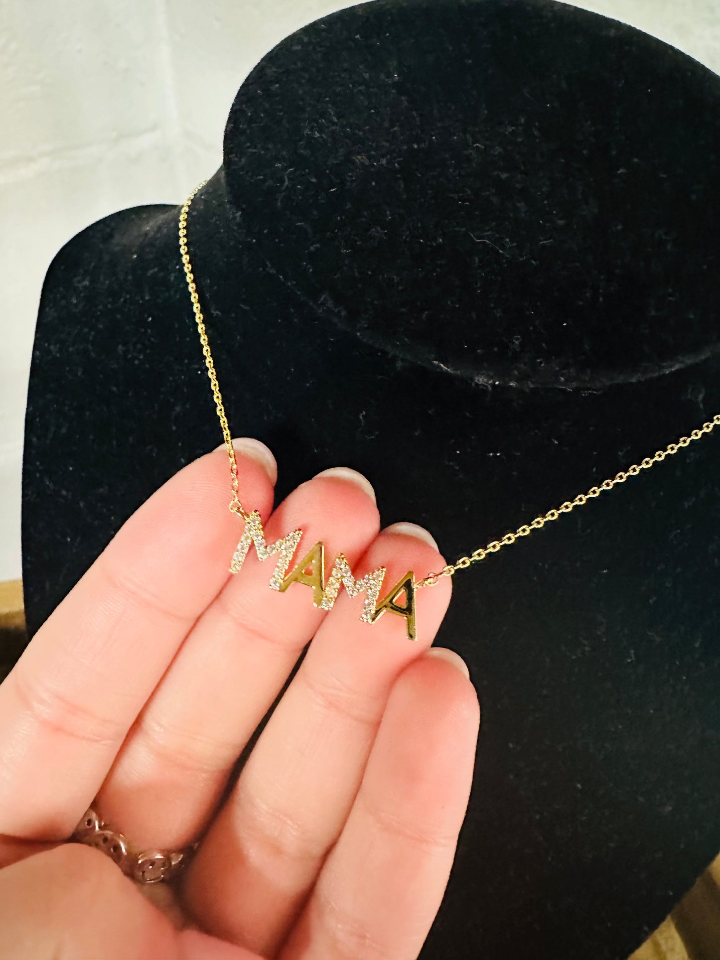 Gold Cubic Zirconia 'MAMA' Pendant Necklace