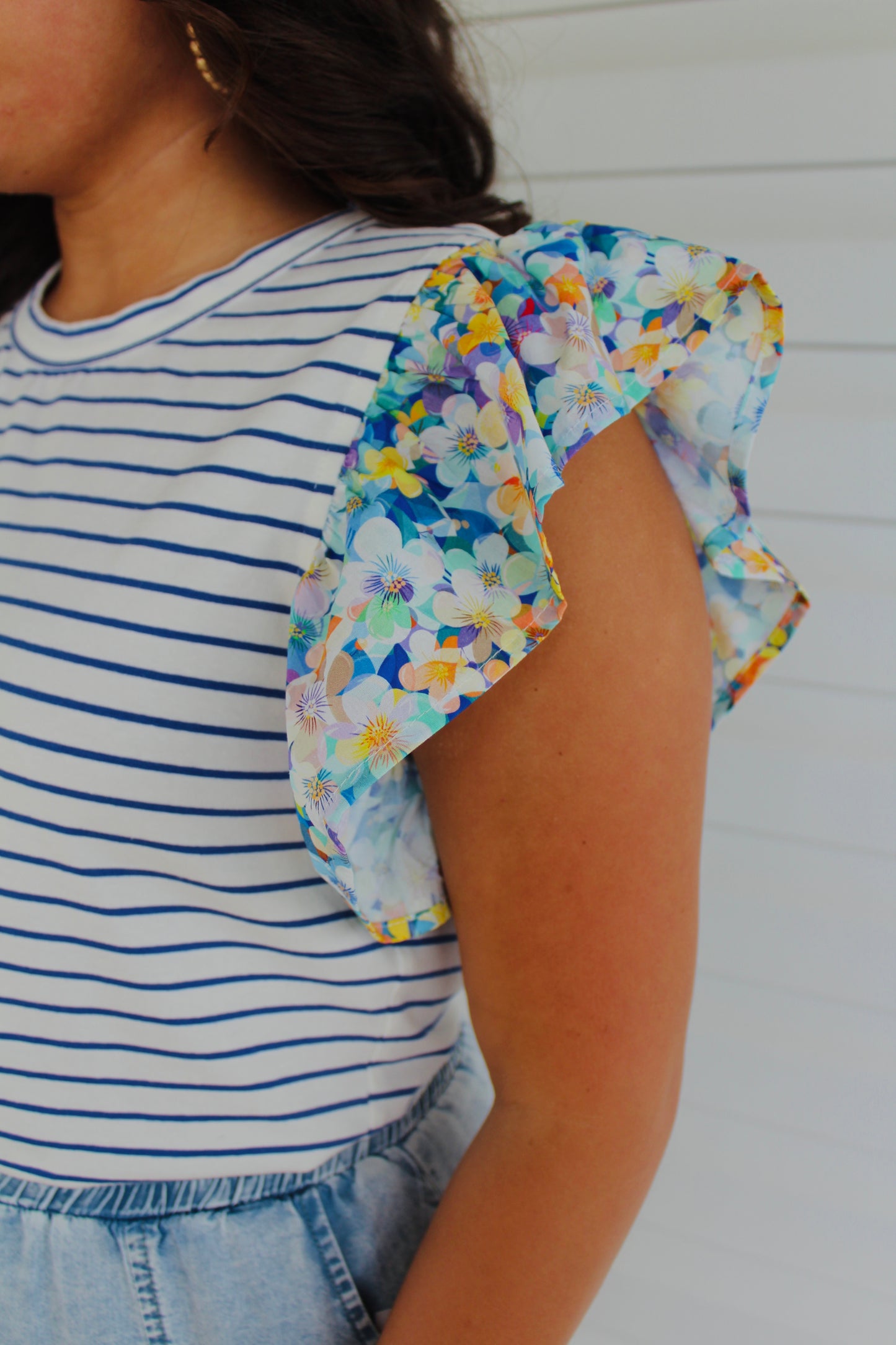 The Ella Ruffle Sleeve Stripe & Floral Top