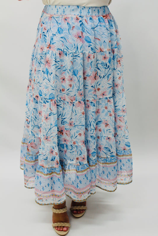 Floral Ruffled Textured Chiffon Maxi Skirt