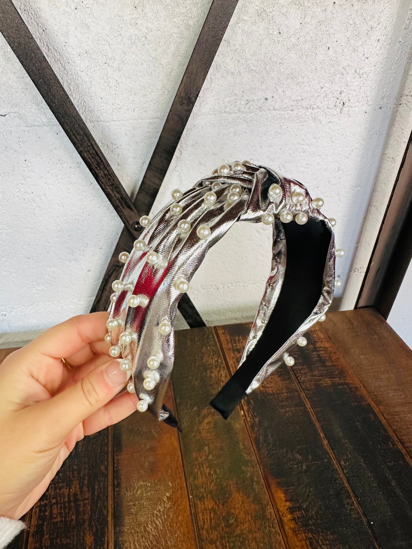 Silver Metallic Pearl Top Knot Headband
