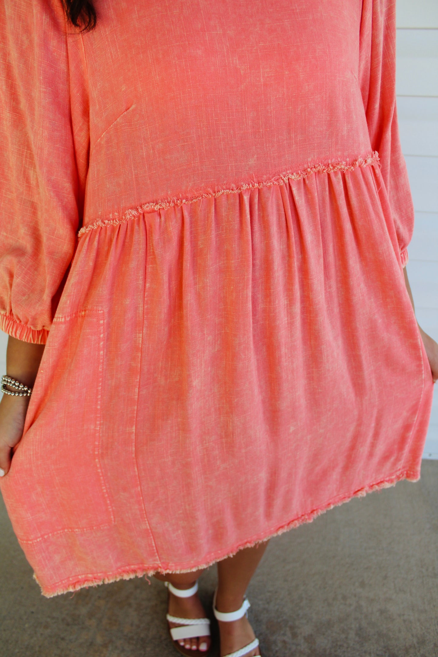 Coral Washed 3/4 Sleeve Dress