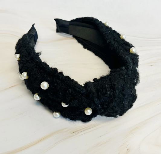 Black Pearl and Tweed Knotted Headband