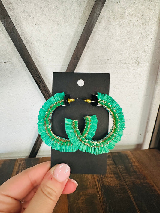 Green Beaded Raffia Hoop Earrings