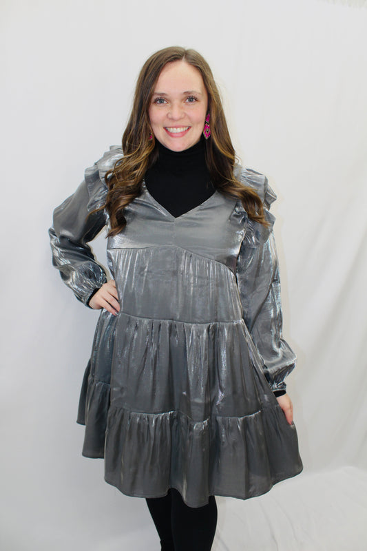 Gunmetal Silver Metallic Tiered Dress