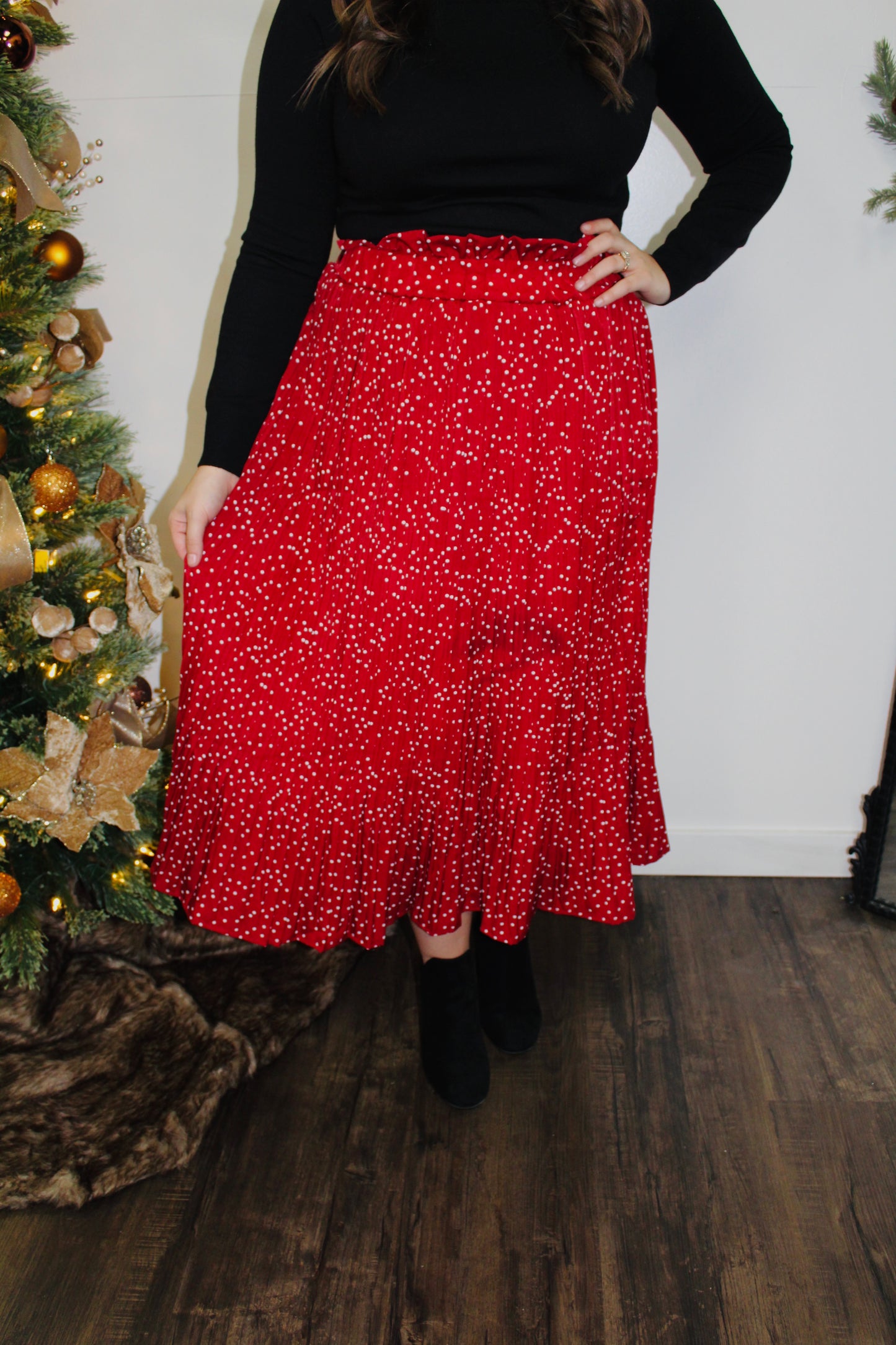 Scarlet Red Polka Dot Pleated Midi Skirt