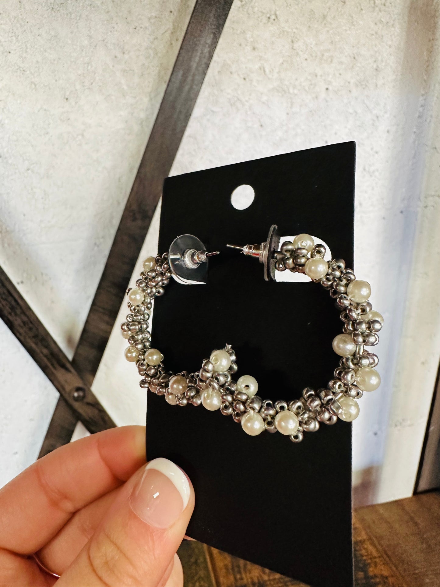 Silver Classic Pearl Cluster Hoop Earrings