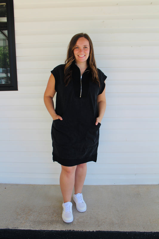 The Libby Black Quarter Zip Cap Sleeve Pocket Dress