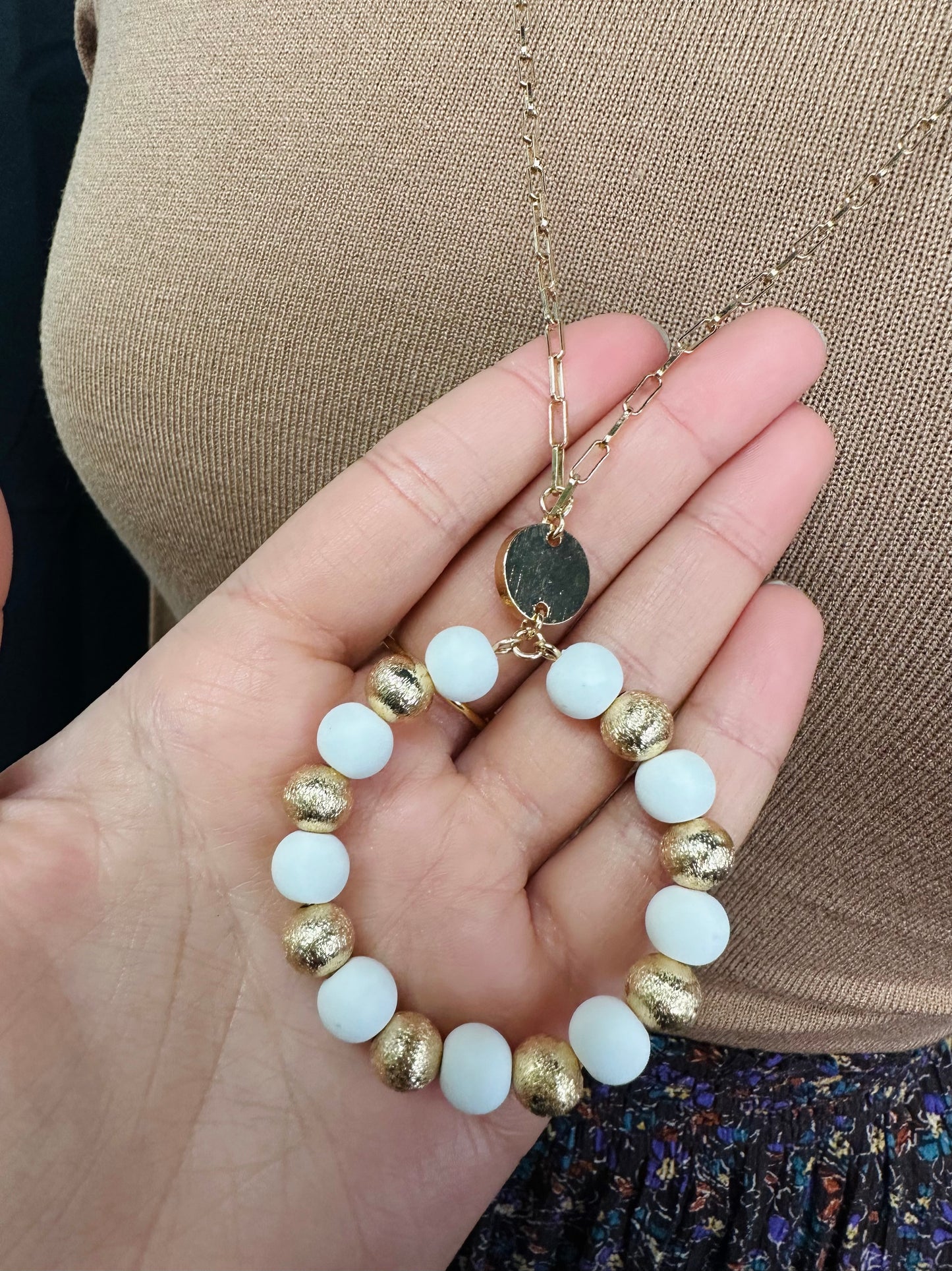 White Clay and Gold Necklace