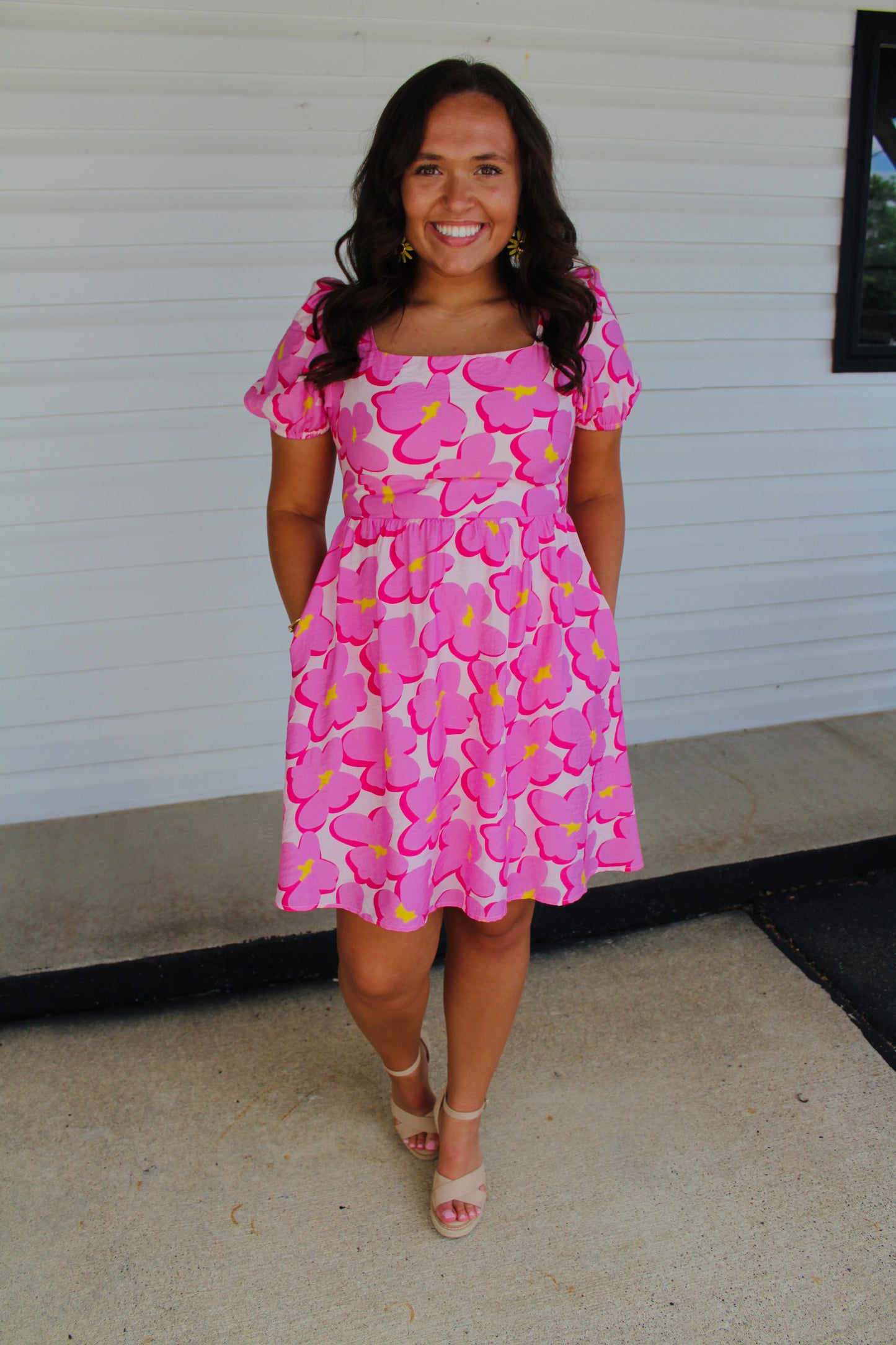 The Aubree Pink Floral Print Puff Sleeve Babydoll Dress