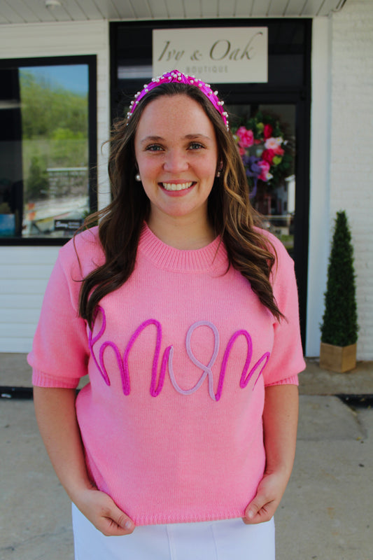 Pink Mom Tinsel Embroidered Sweater