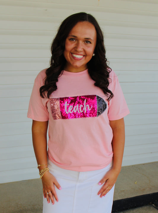 Pink Teach Embroidered Pencil Graphic Tee