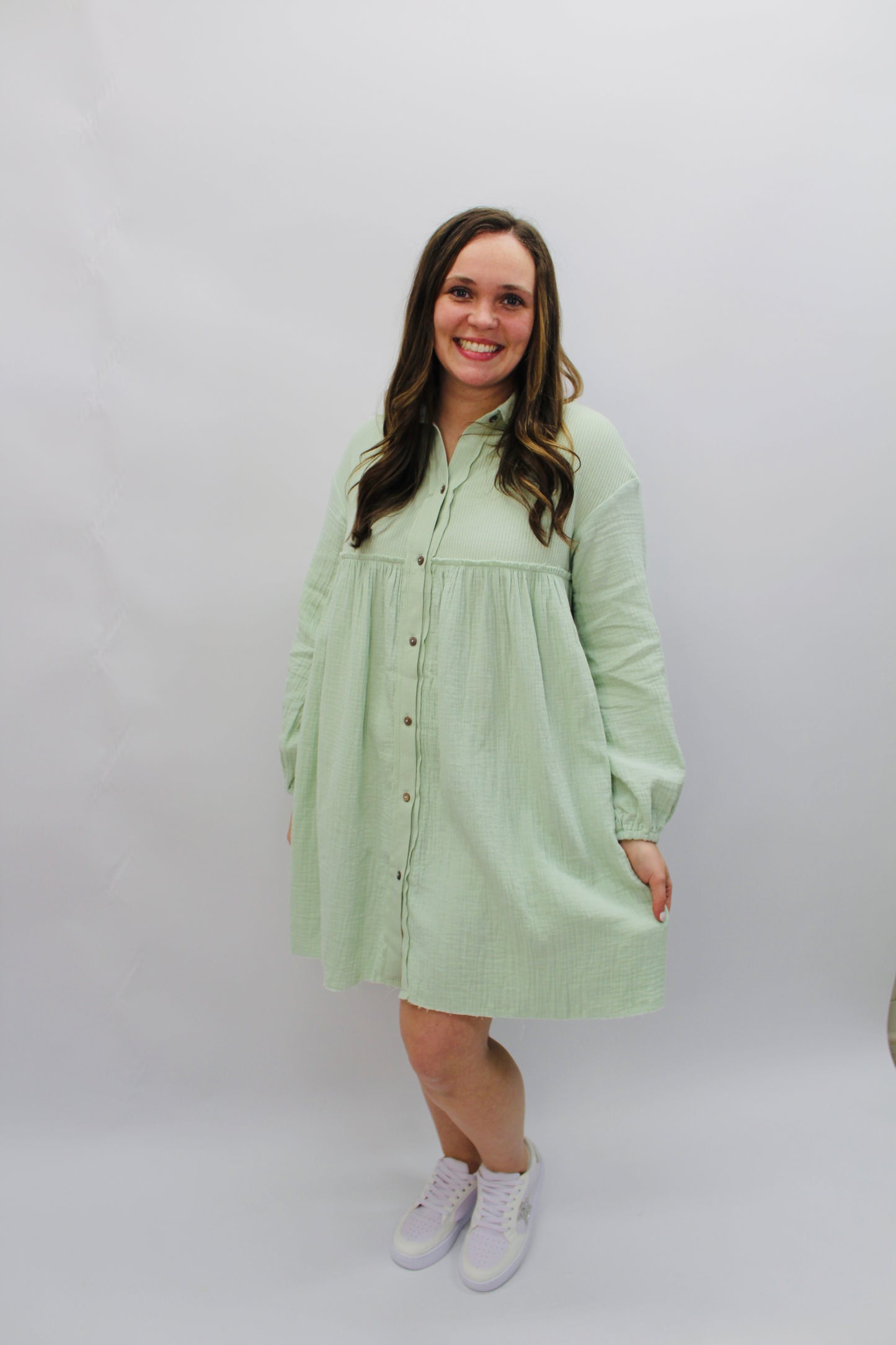 Green Crinkle Puff Sleeve Shirt Dress