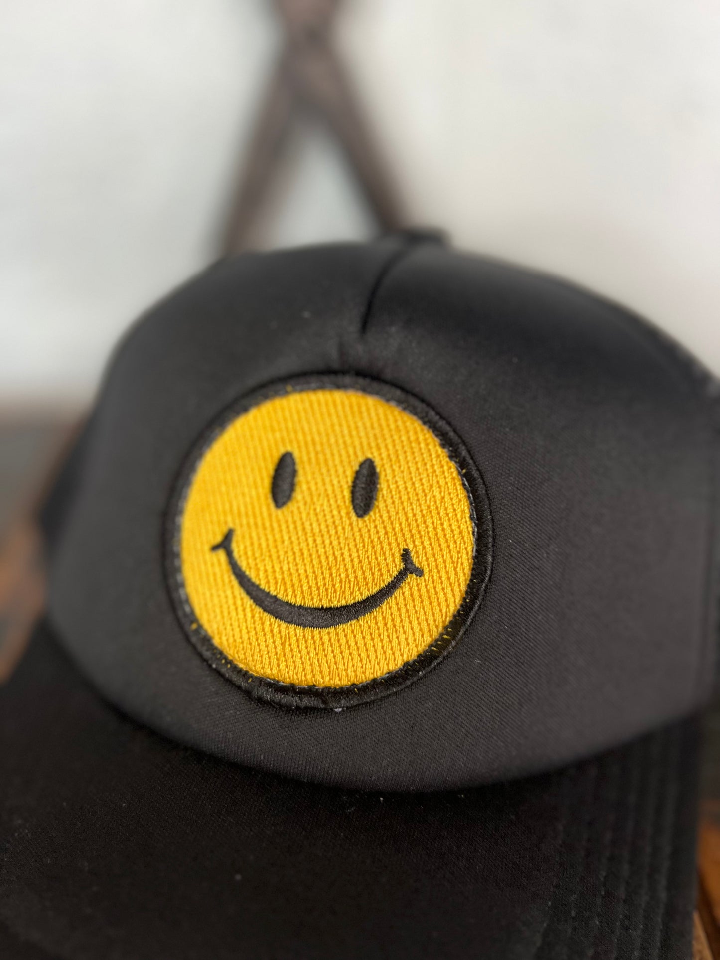 Happy Face Foam Trucker Hat (All Black)