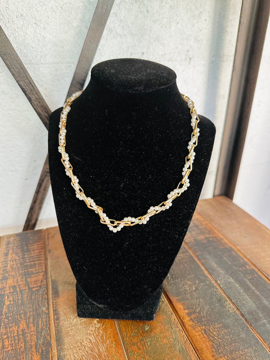 Gold Pearl & Paperclip Chain Necklace