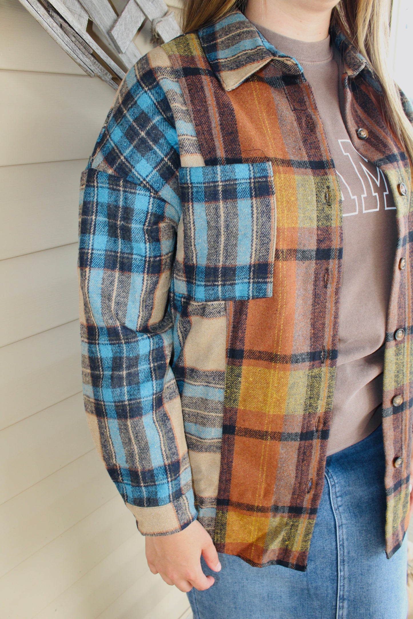 Brown Plaid Shacket With Pockets