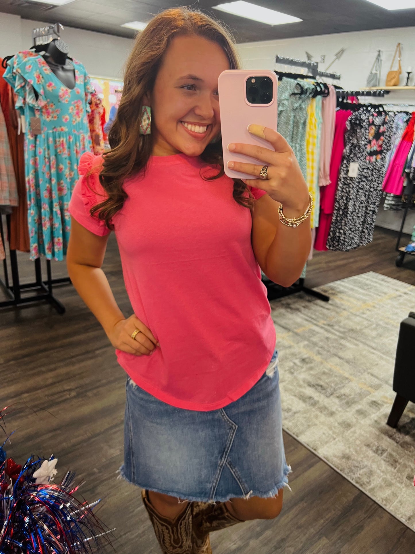 The Brooke Solid Pink Ruffle Shoulder Top