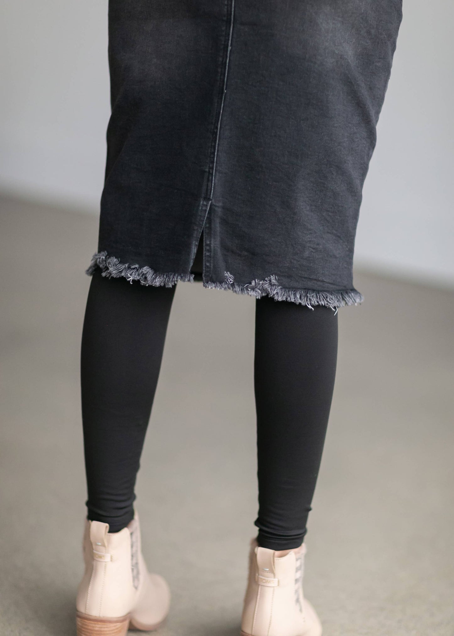Zoey Frayed Hem Black Denim Midi Skirt