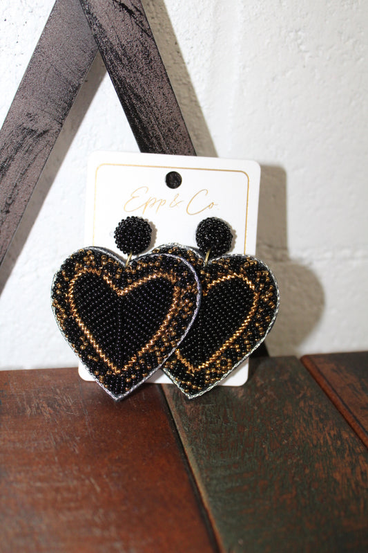 Gold and Black Beaded Heart Earring
